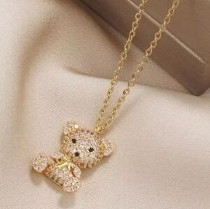 Beautiful Teddy Bear 14k Gold plate crystal CZ Necklace on 18"'22" chain NEW NWT